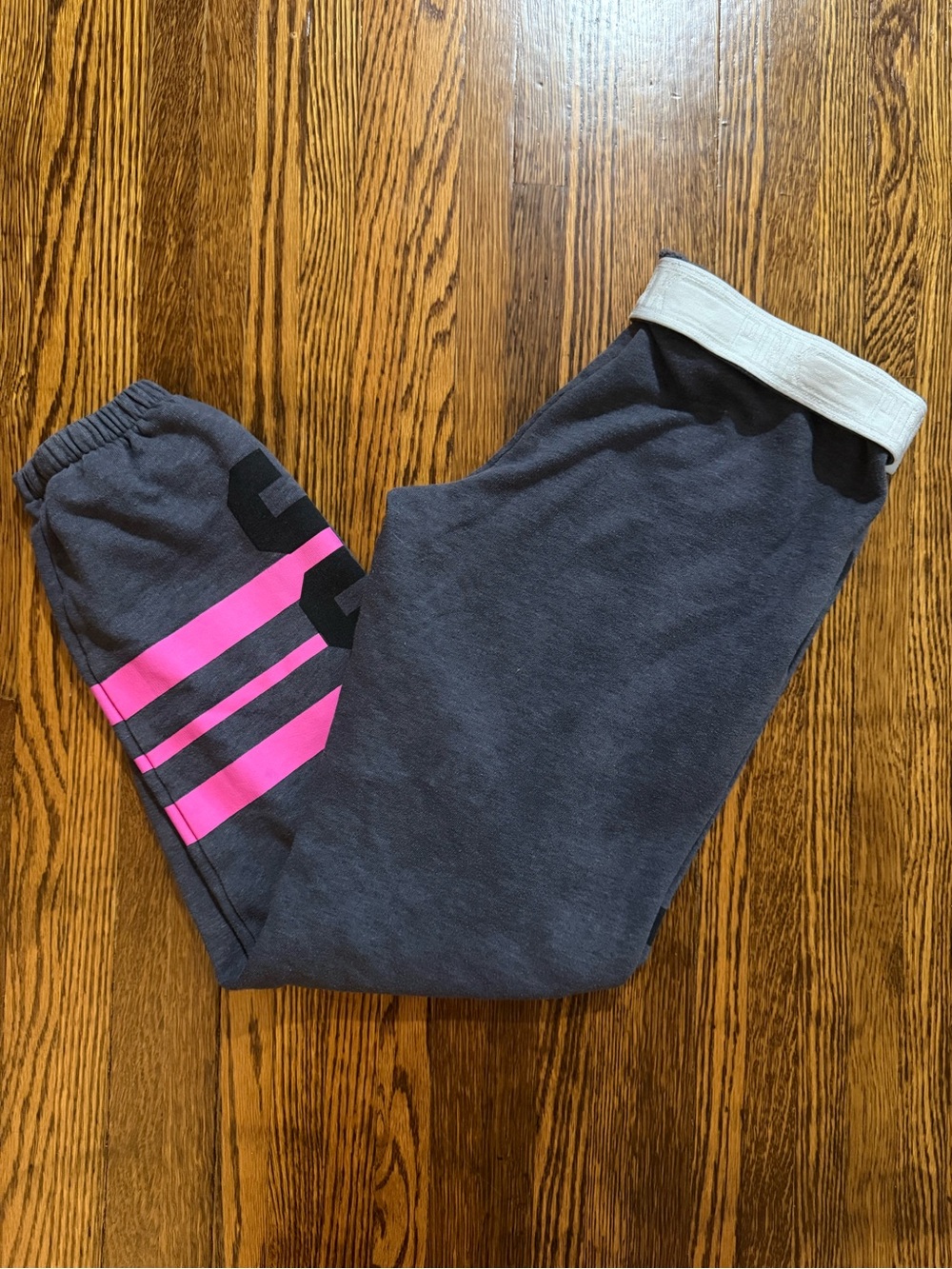 PINK Victoria's Secret Gray Fleece Varsity Joggers Neon Pink 86 Logo - Size S